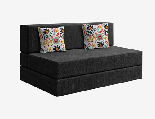 Image of Los Angeles Foldable Two Seater Sofa Cum Bed, Sofa Bed 4 X 6 Ft, Jute Fabric Washable Cover Including Two Cushion Perfect for Living Room & Office Guest Room - Black Color