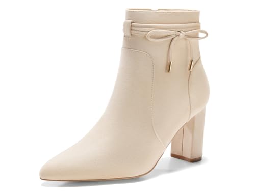 Coutgo Womens Pointed Toe Ankle Boots Chunky Block Heel Tie Knot Side Zipper Dressy Booties, Beige, Size 11