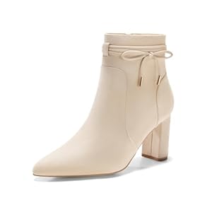 Coutgo Womens Pointed Toe Ankle Boots Chunky Block Heel Tie Knot Side Zipper Dressy Booties