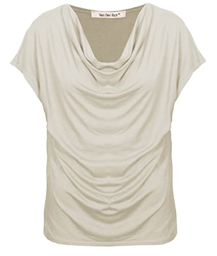 Van Der Rich ® - T-Shirt mit Wasserfallkragen Kurze Ärmel - Damen (Beige,...