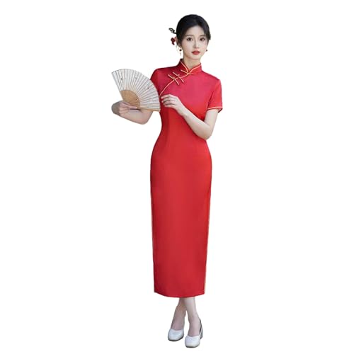 Cheongsam long élégant en satin pour femme robe chinoise mi-saison