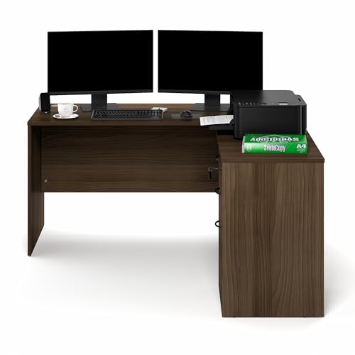 Image of Furinno Roger 60 Inch L-Shaped Executive Desk with File Cabinet, L-Shaped Office Desk with 3-Drawer Fixed Pedestal Filing Cabinet, Desk Cord Grommet, for Home Office, Modern Walnut