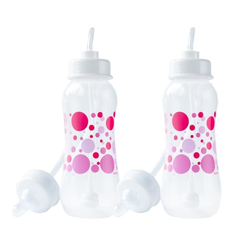 Image of Hands-Free Baby Bottle - Anti-Colic Nursing System 9 oz Baby Bottle with Fast Flow Nipple/Teat 3m+ with Tube Straw Feeding System for Toddler (2 Bottles - Pink)