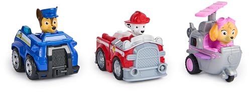 Paw Patrol: Deluxe Rescue Racers, Pack Triple con Coches de Juguete de Chase, Marshal y Skye función de propulsión, Juguetes para niños y niñas a Partir de 3 años