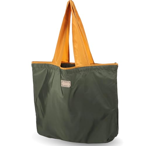 Bolsa de compras reutilizável de grande capacidade dobrável sacola de compras portátil com alças longas e bolso para cozinha do mercado doméstico ZJMCAJY, Verde militar, 1
