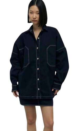 PIRAL Women’s Navy Denim Skirt Set – Oversized Jacket & Mini Skirt, 100% Cotton, Contrast Stitch Detailing