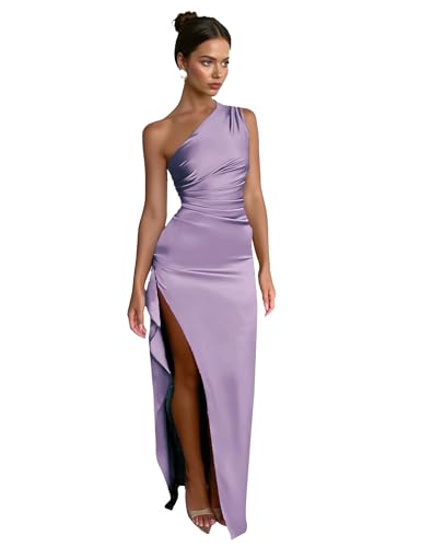 Womens One Shoulder Ruched Side Satin Wedding Guest Dresses Adjustable Straps High Slit Backless Cocktail Maxi Dress