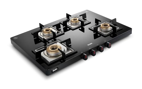 Glen 4 Burner Ultra Slim Glass PNG Gas Stove | Black | 1 High Flame 3 Forged Brass Burners |...