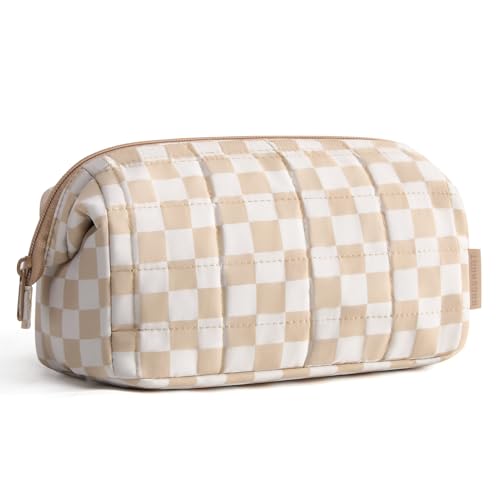 Image of BAGSMART Makeup Bag Travel Toiletry Bag, Puffy Padded Make Up Bags for Women Makeup Organizer Case, Wide-open Pouch Purse Travel Essentials Toiletries Accessories Brushes, Checkered Khaki