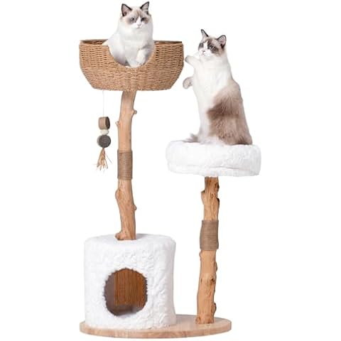 PEGIC Cat Tree Tower with Two Real Branches, 44 INCH Wood Modern Cat Tower with Luxury Cat Condo, Cat Scratching Post, Jumping Platforms, Cat Furniture (Short Plush) Cover