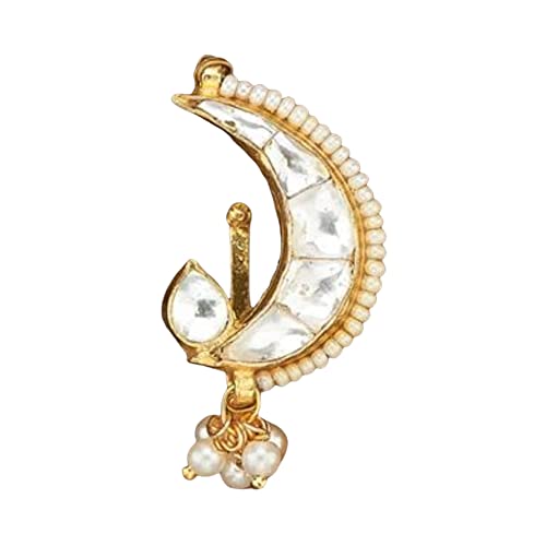 LOVENSPIRE Nose Pin Kundan Pressing Nose Ring With Gold Plating, Pearl Nose Ring, Indian nose ring, fake nose ring