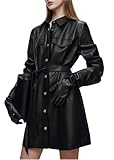 CXMNJ Women's Black Faux Leather Trench Coat Long Sleeve Motorcycle Button Biker Overcoat With Belt PU Shirt Lapel Dress