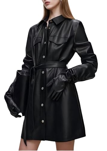 CXMNJ Women's Black Faux Leather Trench Coat Long Sleeve Motorcycle Button Biker Overcoat With Belt PU Shirt Lapel Dress