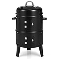 HAPPYGRILL 3-in-1 Charcoal Smoker Grill, Outdoor Vertical Charcoal Smoker with Built-in Thermometer & Adjustable Vent System, 2-Layer Separable Charcoal Grills for Camping & Family Cooking
