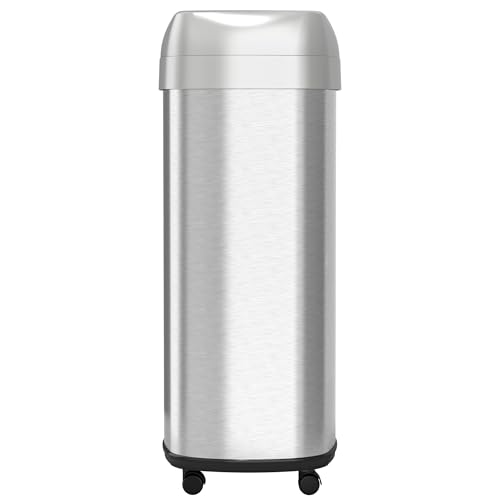 Image of iTouchless 16 Gallon Open Top Kitchen Trash Can Recycling Bin with Wheels and Double Odor Filters Oval Commercial Stainless Steel 60 Liter Trashcan for Home Office Work Bedroom Livingroom Garage