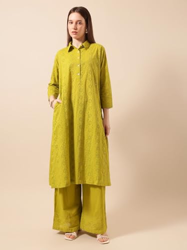 Image of ishin Graceful Avacado Schiffli A Line Kurta sets