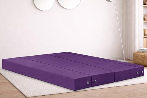 Image of Rosebell Four Seater Foldable Sofa Cum Bed (6x6 Feet) ? Jute Fabric, Washable Removable Cover, Includes Cushion | Space Saving Convertible Sofa Bed for Home, Office & Guests - Purple