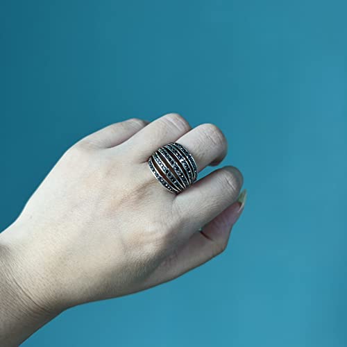 Image of Mytys Vintage Wide Ring Classic Black Marcasite Crystal Rows Statement Silver Chunky Rings