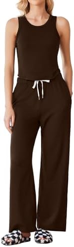 Women's 2 Piece Outfits Lounge Sets Sleeveless Crewneck Tank Tops and Wide Leg Pants Going Out Athletic Sets