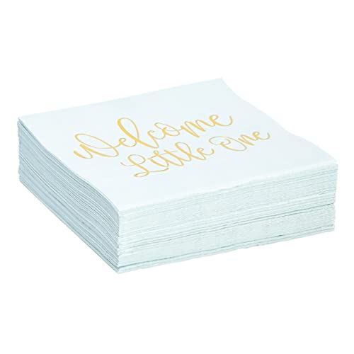 50 Pack Light Blue Baby Shower Cocktail Napkins For Boy, Gold Foil Welcome Script Design, Gender Reveal Party Supplies (5X5 In) #TOP5