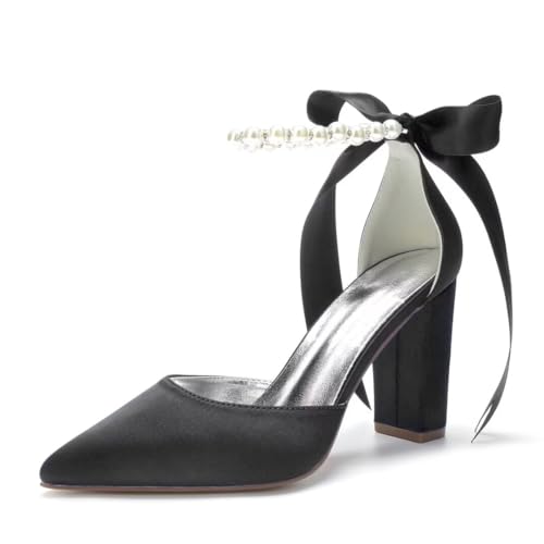 Image of Pearl Wedding Shoes for Bride Chunky Heel Poined Toe Wedding Block Heels Prom Evening Pumps
