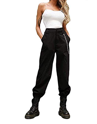 Cathery Women's Jogger Cargo Pants Straight Leg Pants Casual High Waiste Slim Pants with Pockets (Black, M)