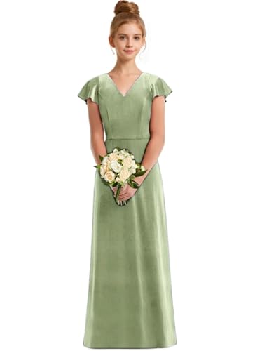 Junior Girls Bridesmaid Dress for Wedding Velvet Short Sleeves Flower Girl Dresses for Teen with Pocket