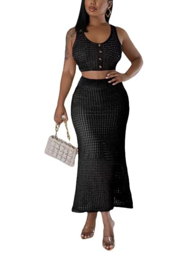 Image of Women Plus Two-Piece Skirt Set Tassel Fishing Net Knittin Hollow Out Off Shoulder Beach Dresses Swimsuit Cover Ups