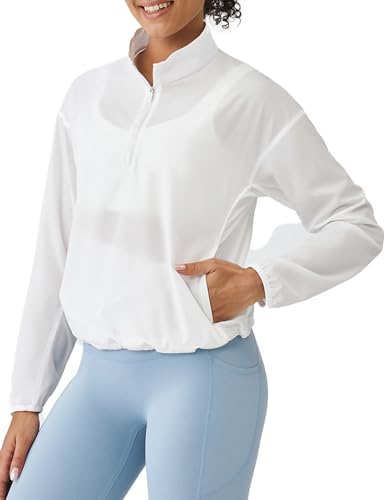 K-Swiss Women's Cropped Jackets - Half Zip Lightweight Windbreaker for Running Workout Yoga White M