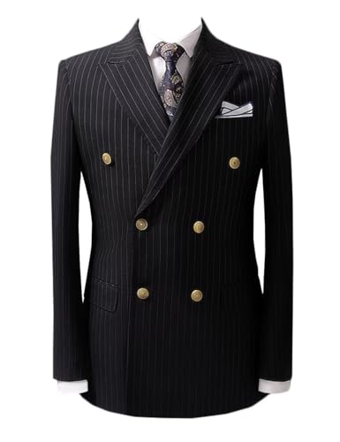 Men's Double Breasted Blazer Jacket Slim Fit Peak Lapel Stripes Casual Sport Coat for Business Wedding