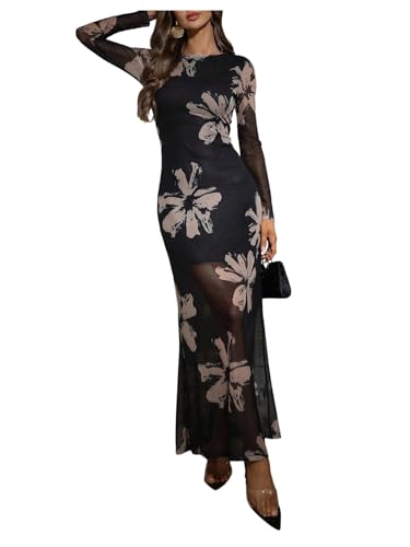 Image of GORGLITTER Women's Floral Mesh Flared Flowy Maxi Dress Crewneck Long Sleeve Wedding Guest Dresses