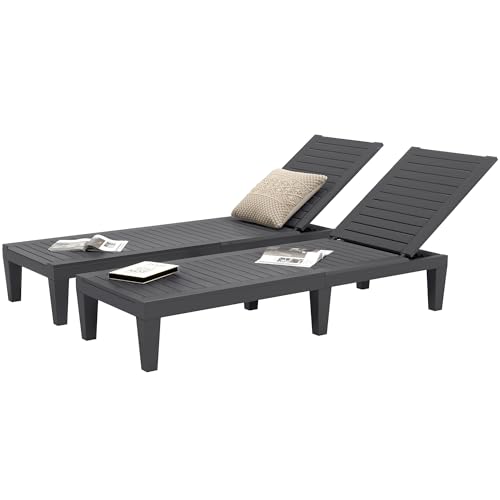DWVO Outdoor Chaise Lounge, Pool Lounge Chair Set of 2 w/ 5-Level Backrest, Waterproof & Easy Assembly Patio Lounge Chair for Garden, Pool, and Beach (Dark Grey)