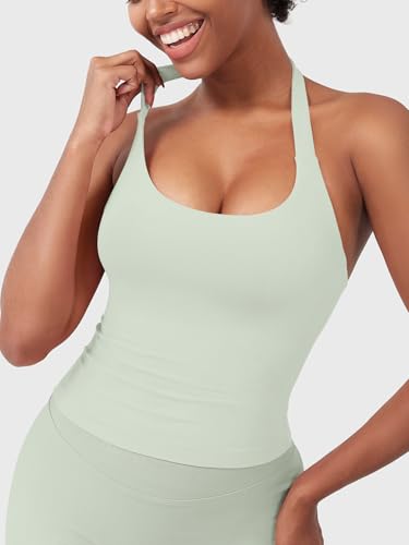 Image of YEOREO SoftHue Women's Impact Halter Tank Top Longline Backless Scoop Neck Built-in Bra Sports Workout Gym Crop Top
