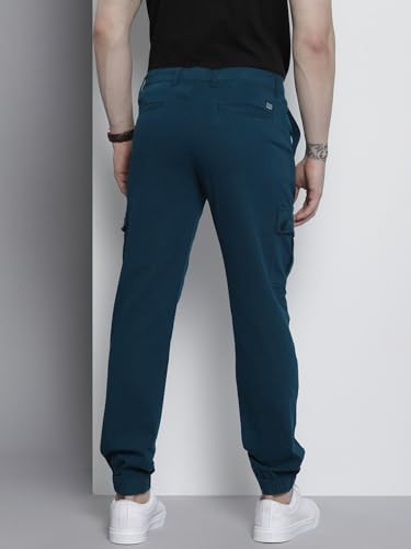 Image of THE INDIAN GARAGE CO Men Slim Fit Solid Mid-Rise Stretchable Cuffed Cargos