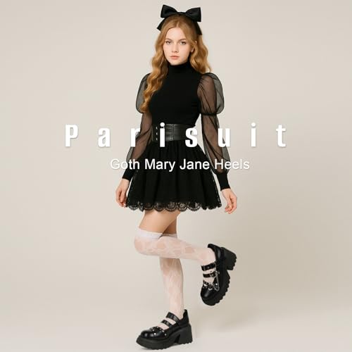 Image of Parisuit Womens Goth Platform Mary Janes Heels Buckle Chain Punk Cosplay Shoes Ankle Strap Chunky Heel Round Toe Pumps