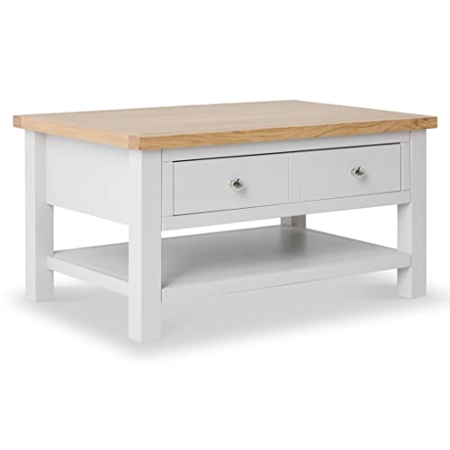 RoselandFurniture Farrow Grey Large Coffee Table for Living Room with Storage Drawer, Shelves & Oak Top | Contemporary Painted Solid Wooden Rectangular Unit | H:45 W:85 D:55 cm