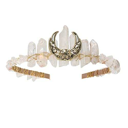 AWAYTR Moon Fairy Raw Crystal Crown - Goddess Quartz Crown Headpiece for Cosplay Wedding Party Photo Shoot Mermaid Headband Tiara for Women and Girls(White Crystal+Moon)
