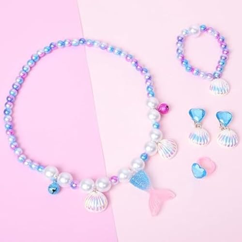 Image of FancyDressWale Mermaid Jewelry Kit Shell Necklace, Bracelet, Ring, Earrings, and Organza Bags - Perfect for Mermaid Party Costume Accessories. Cute Style, Plastic and Organza.