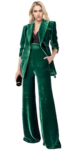 Women's 2 Piece Velvet Suit Office Work Suit Notch Lapel Double Breasted Blazer Pants Business Suit Set