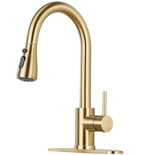 Image of Kitchen Faucet with Pull Down Sprayer - Brushed Gold Single Handle Kitchen Faucets, High Arc Stainless Steel Pull Out Kitchen Sink Faucet with Deck for RV Laundry Farmhouse Bar