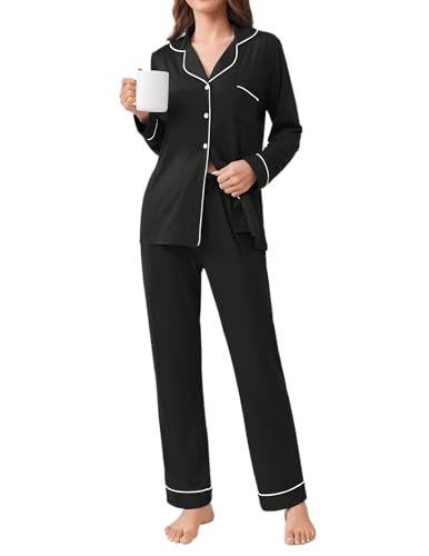 Ekouaer Womens Pajamas Set 2 Piece Button Down Pjs Soft Long Sleeve Top and Pants Sleepwear Set Lounge Sets2