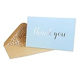 Thank You Cards - Blank 50 Pack Baby Blue Matte Finish Cards with Silver Foiled 'Thank You' Printed...