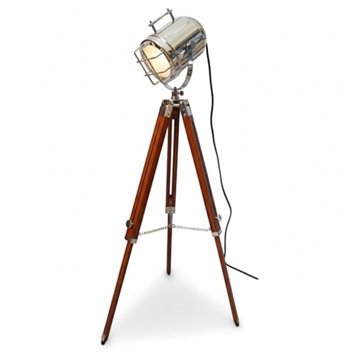 Vintage Chrome Nautical Spotlight Floor Lamp with Adjustable Wooden Tripod