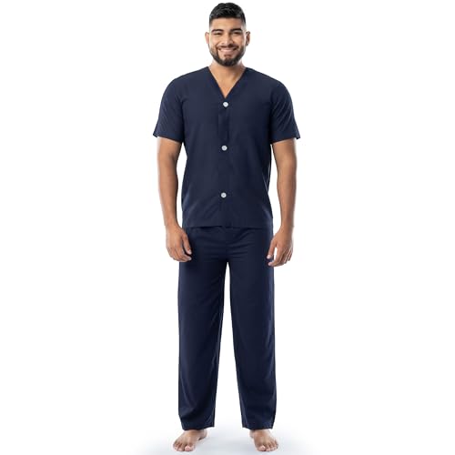 Image of Fruit of the Loom Men's Broadcloth Short Sleeve Top and Long Pants Pajama Set