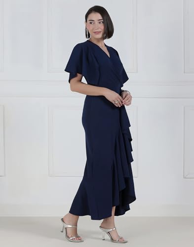 Image of Selvia Wine Flutter Sleeve Bodycon Midi Dress for Women, V-Neck Ruffle Hem Outfit