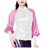Latex Slim Fit Women Shirts Sleeve Button Blouses Latex Look Top High Street Club Lady Wear,Pink,XS