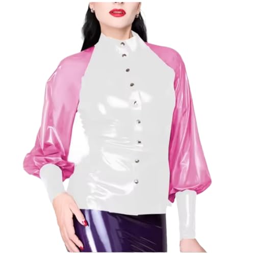 Latex Slim Fit Women Shirts Sleeve Button Blouses Latex Look Top High Street Club Lady Wear,Pink,XS