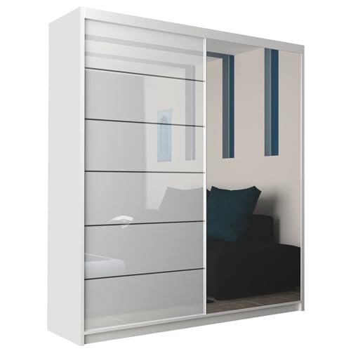 MN Furniture Infinity High Gloss and Mirror Sliding Double Door Wardrobe 150cm 180cm (White, 150cm)