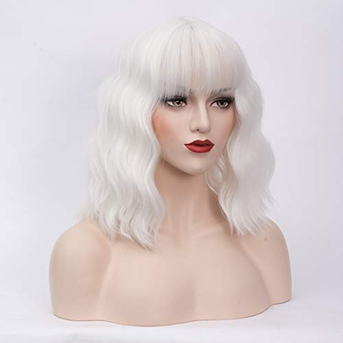 Dwmglp 14" Short White Curly Wig For Women Girls Heat Resistant Fiber Wigs Halloween Cosplay Daily Party+Cap (White) #TOP17