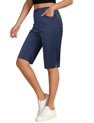 luvamia Womens Casual Shorts Blue Shorts Women Casual Outfits for Women Cute Outfits for Womens Bermuda Elastic Waist Summer Stretchy Knee Length Side Split Dressy Long Chino Dark Blue Medium